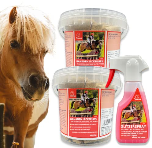 EMMA Mähnenspray für Pferde + Pferde Leckerlies - Leckerli Pferd Banane - Fell und Mähnenspray Pferd - Schweifspray für Pferde - Pferdepflege Set 3teilig - Glanzspray für schönes Fell & Mähne Schweif
