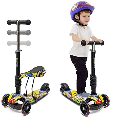 Kinder Roller mit Sitz für Mädchen und Jungen über 2 Jahren Kinder Faltbarer Scooter mit 3 Rad Kickroller|Höhenverstellbar