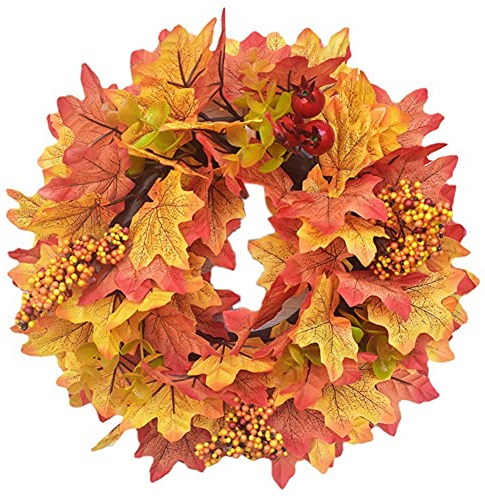 Corona de otoño para puerta delantera, 30 cm, coronas de Halloween, decoración de Navidad, decoración del hogar, guirnalda de otoño con calabaza artificial arce hojas de oro y piña (G2, pequeña)