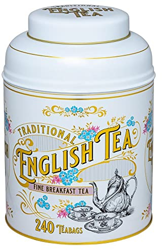 New English Teas Vintage Victorian Tea Tin in White with 240 English Breakfast Teabags