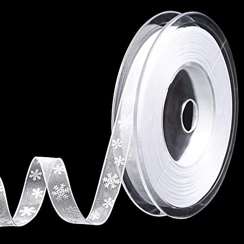 AIEX Weihnachtsband, 20m x 10mm Schmal Schneeflocken Band Weißes Weihnachts Band zum Basteln Verpacken von Geschenken Winterurlaub Weihnachtsdekoration