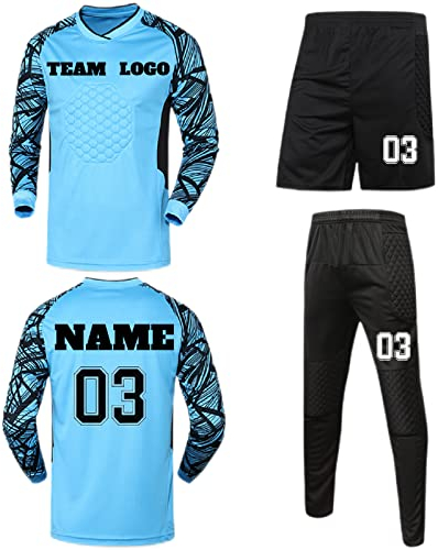 LJYTMZ Fußball Torwartset Uniform, Personifizieren Torwarttrikot Torwarthose mit Name + Nummer + Logo, Gepolstertes Brust und Kniedesign Antikollisionsschutz, Fußballtrikot Geschenk
