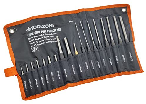 Pin Punch Set 18 Pieces Heavy Duty Kit with Automatic Centre Punch 8, 6 & 4 Pin Punches in Canvas Tool Roll