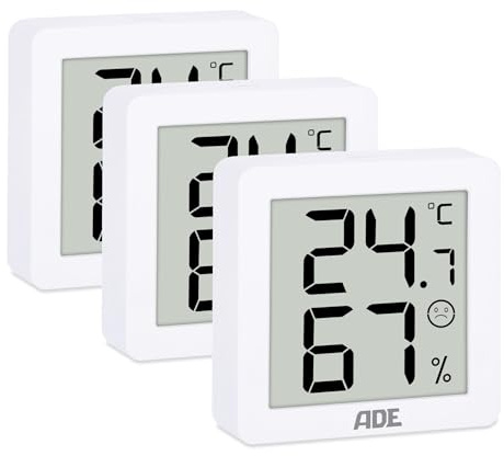 ADE Digitales Hygrometer mit Temperaturanzeige im 3er Set | Luftfeuchtigkeitsmesser innen | Raumthermometer magnetisch | mit Komfortzonenindikator | weiß