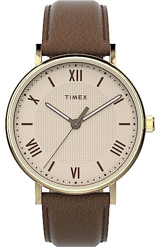 Timex TW2V91300 Southview Herren-Armbanduhr, 41 mm, goldfarbenes Gehäuse, braunes Lederarmband