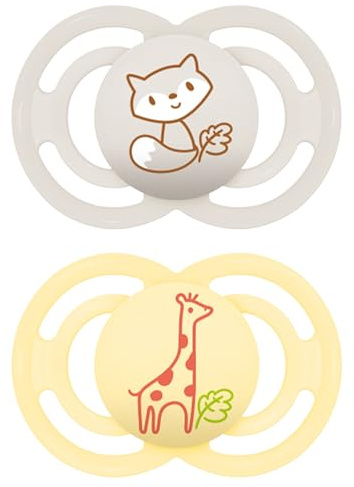 MAM Perfect Schnuller im 2er-Set, für eine gesunde Zahn- und Kieferentwicklung, Baby Schnuller aus nachhaltigen & bio-erneuerbaren Materialien, mit Schnullerbox, 16+ Monate, Elefant/Bär