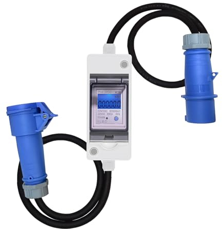 Mobile Digital Electricity Meter, 230 V Power Consumption Meter with LED/Reset, Mobile Portable Power Consumption Meter with Industrial Plug/Rubber Cable, IP65 Waterproof for Motorhomes/Electric