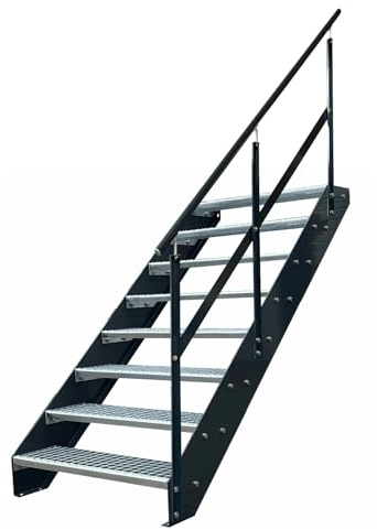 Kaminbau Mierzwa Premium Steel Stairs with Railing Right/Cheeks and Railing Anthracite RAL 7016/8 Steps Galvanised (Width 600 mm) Height 152 cm Weatherproof Grate Step Garden Stairs