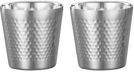 UPTALY Lot de 2 tasses en acier inoxydable (180 ml/père, argent), motif marteau diamant, double paroi, petites tasses à thé glacé, tasses à café épaisses, réutilisables en métal pour camping,