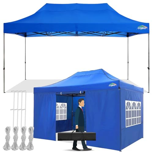 COBIZI Pavillon 3x4,5 Wasserdicht Stabil Winterfest mit 4 Seitenwand,Popup Faltpavillon Partyzelt,Faltbarer Sonnenschutz Gartenpavillon für Strand Hochzeit Camping mit Handtasche(3 mal 4,5m Blau)