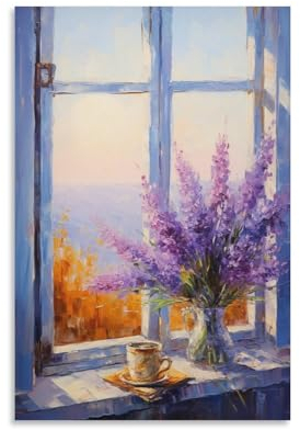 BUKAMDR Farmhouse Lavendel Schlafzimmer Dekor Wandkunst Vintage Fenster Lila Blume Leinwanddruck Poster Gerahmte Malerei Kunstwerk für Wohnzimmer Büro