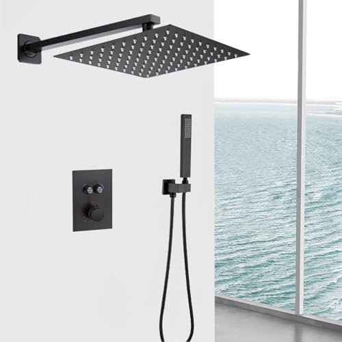 XJTNLB Robinet Douche Encastré Noir Mitigeur Thermostatique 2 Sorties pour Colonne de Douche Pommeau de Douche Carré en Acier inoxydable,12 in-A