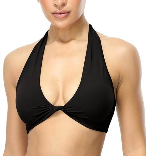 icyzone Sujetadores deportivos tipo halter para mujer, acolchados, sin espalda, con torcedura frontal, para entrenamiento, yoga, bajo impacto, Negro -, Medium