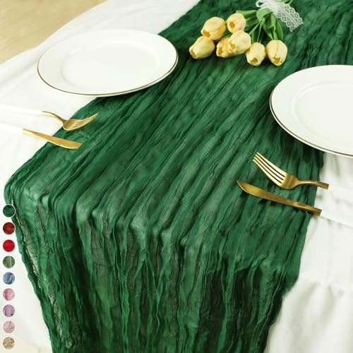 Cekene Chemin de table en étamine, 90 x 400 cm, en gaze rustique et transparente, style bohème, décoration de table pour fête, fête prénatale, fête prénuptiale, anniversaire, arche (vert foncé)
