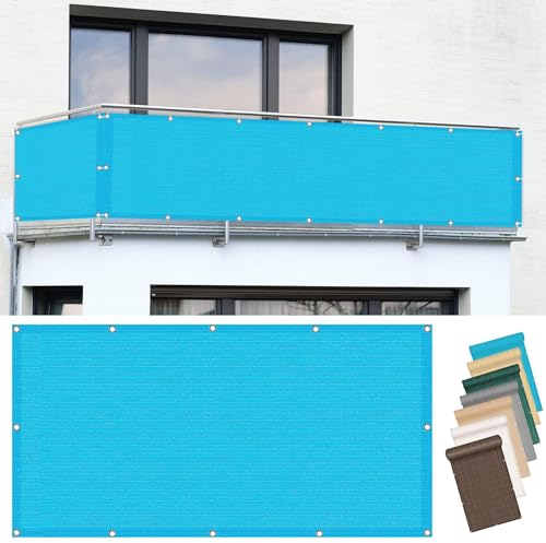 Balkon Sichtschutz 55 x 975 cm Uv-Schutz, Windschutz Balkonbespannung Balkonverkleidung Reißfest, mit Ösen Kabelbinder Sichtschutz für Garten Balkon Terrasse, Himmelblau