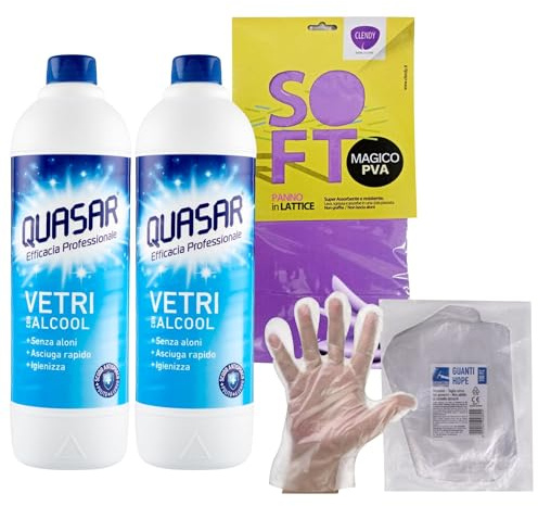 2x Quasar Detergente VETRI CON ALCOOL, Non Lascia Aloni, Asciuga Rapidamente e Igienizza. Ricarica 580ml + Panno SOFT In Lattice + 100pz Guanti HDPE Monouso