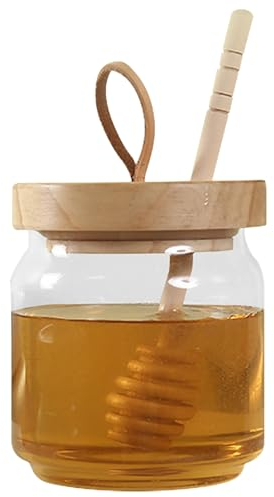 Dzmuero Porta Miele in Legno di Acacia con Coperchio, Contenitore di Vetro Sigillato a Bocca Larga per Dosatore