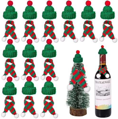 24stk Mini Weihnachtsmützen, Gestrickt Mini Nikolausmütze und Schal, Flaschenmütze Weihnachten, Klein Mützen, Wichtelmützen zum Basteln, Weihnachtsmützen für Flaschen Sorgenwürmchen Besteckhalter Deco