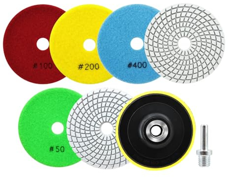 SANLEETEK Nass Diamant Polierscheiben - Diamant Polierpad 6 Stücke 100mm Körnung 50x2/100/200/400/800 mit M14 Stützteller+Adapter für Granit Marmor Kunststein Quarz für Winkelschleifer