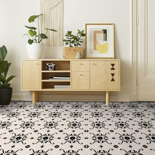 Alwayspon Pavimenti in vinile, colore beige e bianco, autoadesivo, per piastrelle per bagno, cucina, paraspruzzi, stacca e attacca, adesivi per pavimenti in vinile, 12 pezzi x 20 cm