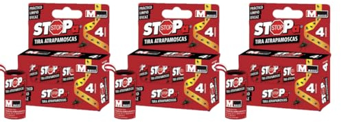 Peyca 4 Tiras atrapa-Moscas STOPA, Listas para Usar, practico, Limpio, eficaz - Masso. Interior y Exterior. Ideal contra Moscas, Mosquitos y voladores. Adhesivo Super Resistente. (3 Unidades)