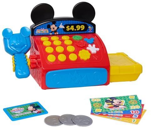 Disney Jr. Micky Maus Clubhaus Kasse mit Geräuschen, Sätzen und Spielgeld (10-teilig), fördert frühe Mathefähigkeiten, Spielzeug für Kinder ab 3 Jahren von Just Play | Pretend Play Money, 10 Stück, entwickelt frühe mathematische Fähigkeiten, Spielzeug für Fans, Jungen, Kinder, ab 3 Jahren