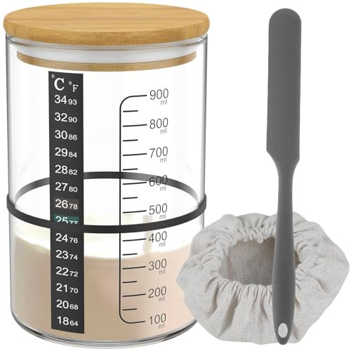 MENIBBLER Glass Sourdough Starter Jar Kit with Scale Thermometer Paper 900ml Sour Dough Starter Kits with Wooden Lid Cloth Cover Wide Mouth Sourdough Starter Container for Fermentation