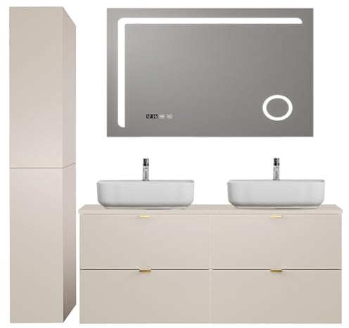Lomadox Badezimmer Badmöbel Set 3-teilig mit 120 cm Waschtisch in Kaschmir matt, DURANGO-56, inkl. Keramikwaschbecken & LED-Spiegel