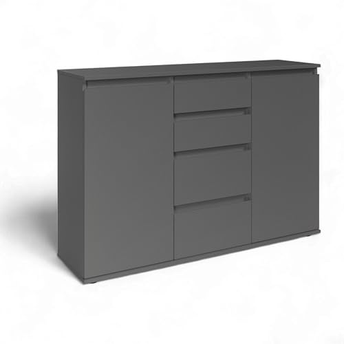 Brest Kommode in Anthrazit - Modernes Sideboard mit viel Stauraum - 119 x 84 x 35 cm (B/H/T) | Modernes Design mit Griffmulden, 2 Türen, 2 Einlegeböden, 4 Schubkästen, zusätzliche Ablagefläche auf dem Oberboden