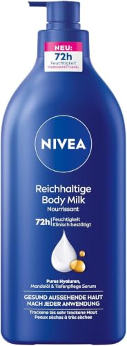 NIVEA Reichhaltige Body Milk, intensiv pflegende Körpercreme mit purem Hyaluron, Mandelöl und Tiefenpflege Serum, Lotion für trockene Haut (625 ml) (Packung mit 2)
