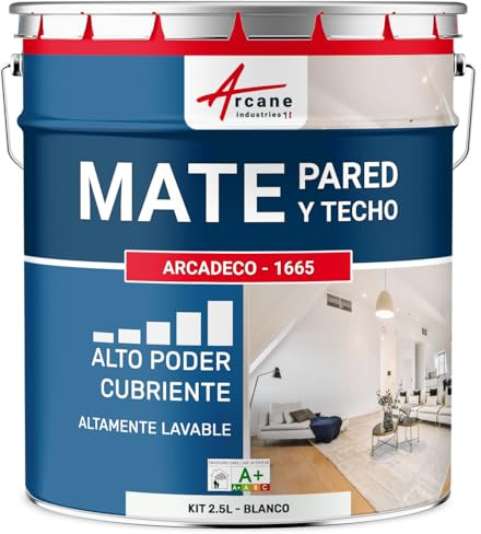 Pintura Pared Mate Lavable Acabado Aterciopelado - ARCADECO 2,5 L Blanco | Pintura Pared Mate, Acabado Aterciopelado, Alto Poder Cubriente, Lavable, Paredes y Techos - Arcane Industries