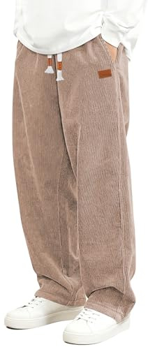 HMIYA Cord Hose Herren Chinohose Regular Weites Bein Hosen Mode Freizeithose Baumwolle Elastische Taillemit Taschen,Helle Kamelfarbe,XL