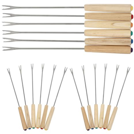 Cabilock Lot de 18 bâtonnets à fondue : fourchettes à fondue au fromage en acier inoxydable avec manche en bois ; ustensiles pour tremper le chocolat, pour fondue, barbecue et réunions à domicile.