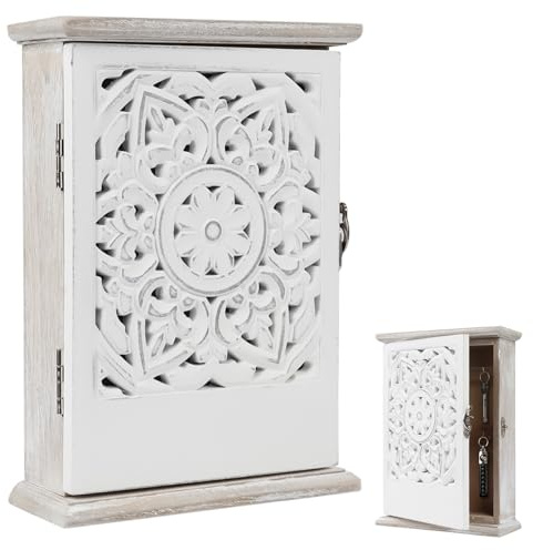 Caja de Madera para Llaves de Pared, Guarda llaves pared con 6 Ganchos, 26 x 20 x 6 cm Vintage Caja de Llaves Madera Decorativa, Patrón de Margaritas, para Hogar, Recibidor, Armario (Blanco vintage)