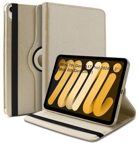 World biz Étui rotatif pour iPad mini (A17 Pro, modèle 2024, 7ème génération)/mini 6 (modèle 2021, 6ème génération), support de protection rotatif à 360 degrés, fonction veille automatique (doré)