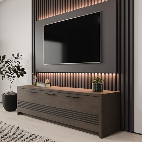 Forte EUFEMIUS TV-Schrank 180, modernes Lowboard mit Fräsung, 2-türig, 1 Schublade, Dunkelbraun|Schwarz Eiche Holzdekor, 181,2 cm breit x 51,1 cm hoch x 41,6 cm tief