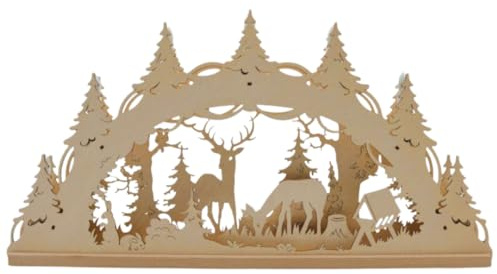 Erzwelt - Lichterbogen ELB – Motiv Tiere im Wald | 32 x 56 x 5 cm – Schwibbogen aus Holz – Leuchtbogen mit 7 Kerzen – Original Erzgebirge Fensterbogen – Weihnachtsdeko