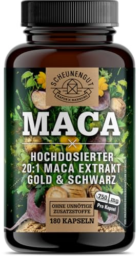 Maca Kapseln - Maca Schwarz + Gold - Maca Pulver Stark - DE SCHEUNENGUT® | Intensiv-Dosis Maca Pulver Schwarz und Gold - Maca Kapseln Hochdosiert als Extrakt - Laborgeprüft + Vegan - 180 Kapseln