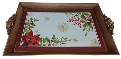 Vassoio Natalizio con Manici con decorazioni Stelle di Natale Rosse 26x36 cm Elegante Stile Barocco in plastica Rettangolare natalizio idea regalo