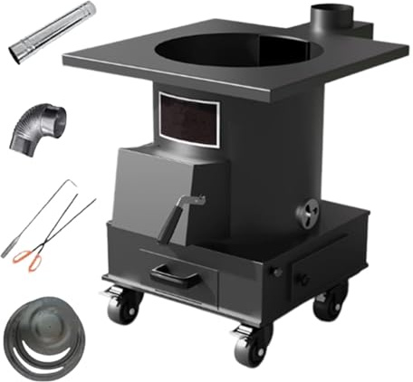 Stufa A Legna A Gasificazione In Ghisa 10MM Con Canna Fumaria Da 200 Cm E Ruote Bloccabili Per Riscaldamento E Cucina Domestica, Carico 250kg(50 * 50 * 61cm)