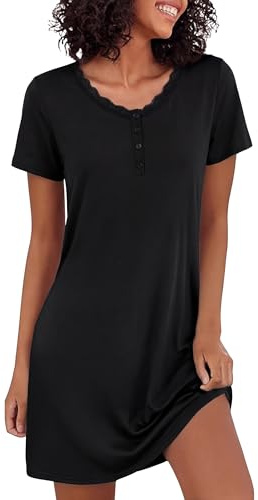 Bresdk Camicia da Notte Donna Estiva Cotone Manica Corta Vestito Casa Donna per l Parto Ospedaliero Quotidiano per L'Allattamento al Seno Nero 3XL