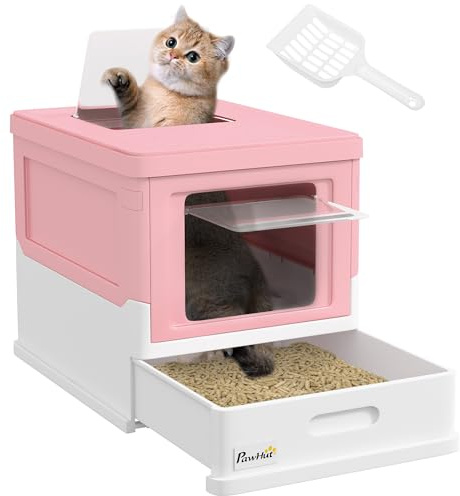 PawHut Bac à litière pour Chat Maison de Toilette fermé Pliable Double Porte battante et supérieure + Pelle + tiroir Amovible Anti-éclaboussures Nettoyage Facile - 47,5x35,5x36,7cm Rose Blanc