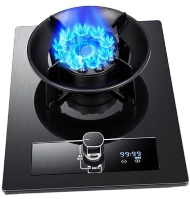 THEGA Fornello A Gas A Un Fuoco, Fornello A Gas con Accensione Automatica da 5,2 KW, Griglia per Pentole in Ghisa E Vetro Temperato, con Protezione Antispegnimento(NG)