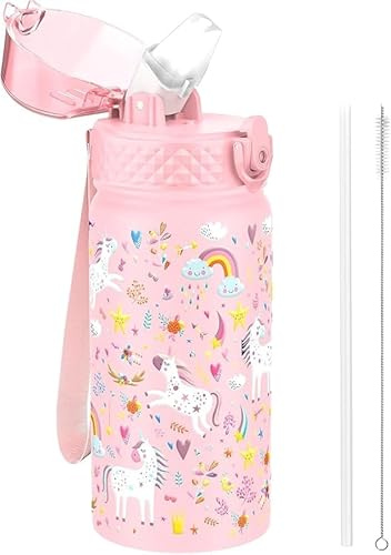 Botella Térmica de Acero Inoxidable 304 con Pajita, Rosa con Diseño de Unicornio, Tapa con Asa, Boca Ancha, a Prueba de Fugas, BPA Free, para Actividades al Aire Libre