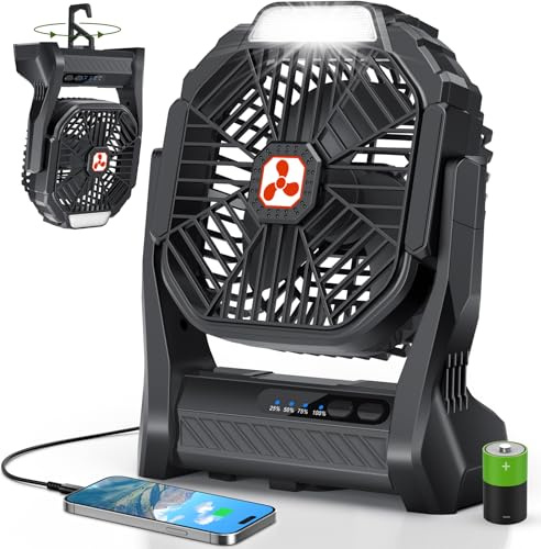 PDBEST Ventilador inalámbrico a batería de 20000 mAh, ventilador portátil recargable con linterna LED, ventilador de mesa, ventilador de camping a batería USB-C para viajes y playas