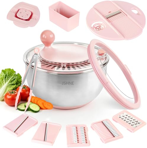 Centrifugador de ensalada de acero inoxidable con función de corte [5 accesorios diferentes] Centrifugador de ensalada por base antideslizante y accionamiento de manivela, separador de yemas, cuenco