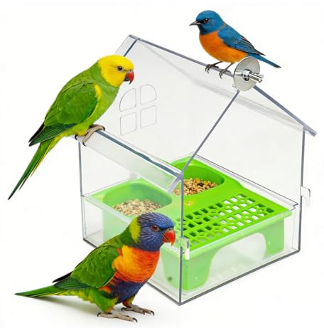 Pull-Out External Parrot Feeder, Mess-Free Automatic Bird Seed Dispenser with Perch, Transparent Splash-Proof Feeding Box for Budgies, Cockatiels and Lovebirds, Easy to Refill and Clean (Green)