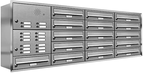 AL Briefkastensysteme, 16er Unterputzbriefkasten, Briefkasten mit Klingel, 16 Fach, Briefkastenanlage modern, rostfrei Edelstahl Postkasten