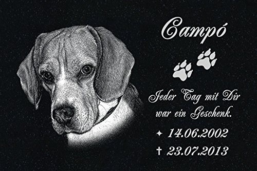 LaserArt24 Granit Grabstein - Grabplatte - Grabschmuck mit der Lasergravur des Motives Hund-ag31 (mit dem Musterbild oder Ihrem eigenen Foto - Siehe Auswahl) und Ihrem Foto/Text und Daten