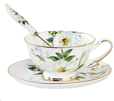 Set da tè vintage in porcellana pregiata Bone China, con cucchiaino, tazza da tè e piattino, con rifiniture dorate, per la decorazione della tavola White Camellia